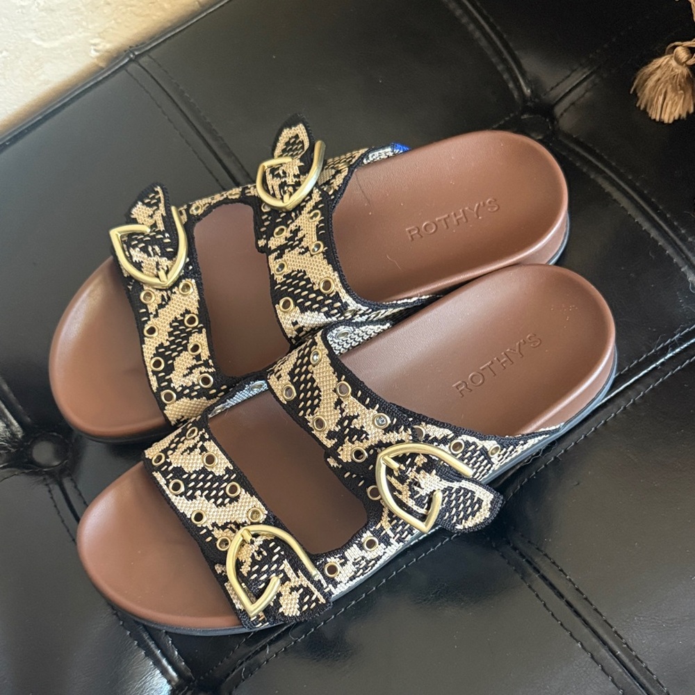 Rothy's Black & Gold Patterned Double-Buckle Slide Sandals